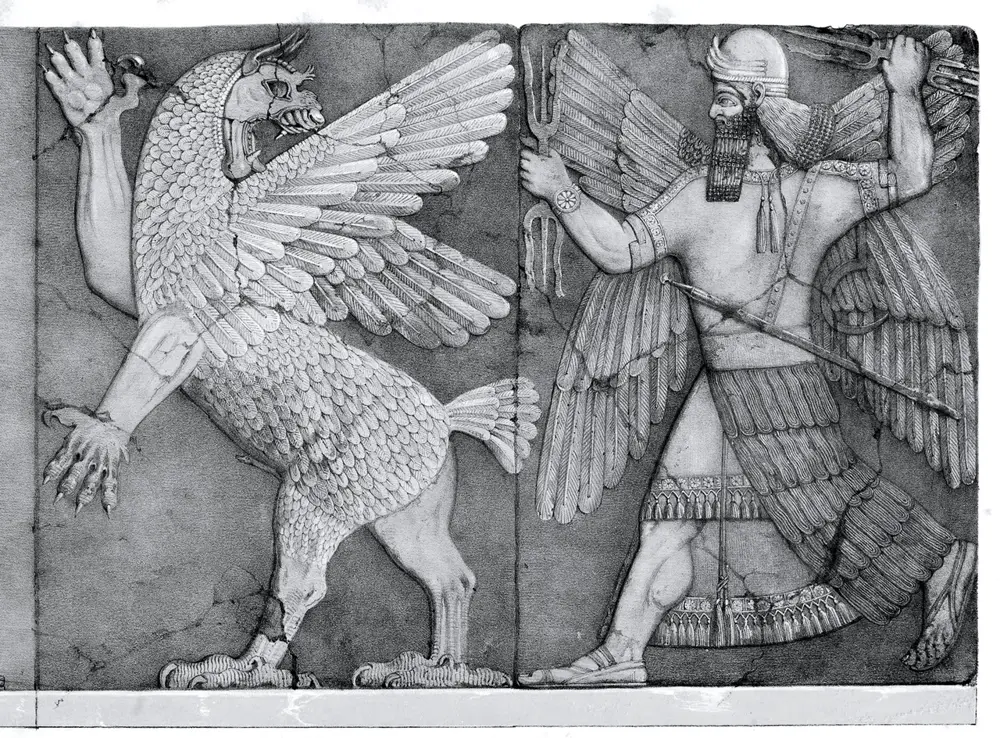 A chaos monster and a sun god, drawn by L. Gruner for A. H. Layard's Monuments of Nineveh.